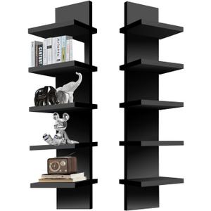 5 Tier Wall Shelf Unit, Decorative Wall Mount Vertical Shelving, Smooth Laminate Finish, Floating Storage Home Decor Organizer Tall Tower Design Utility Shelf for Bedroom Living Room (Black)