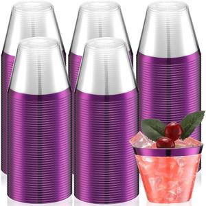 Lounsweer 100 Pcs 9oz Rimmed Plastic Cups Wedding Clear Cocktail Cups Heavy Duty Disposable Wine Glasses for Birthday Bridal Shower Baby Shower Holiday Celebrations(Purple)