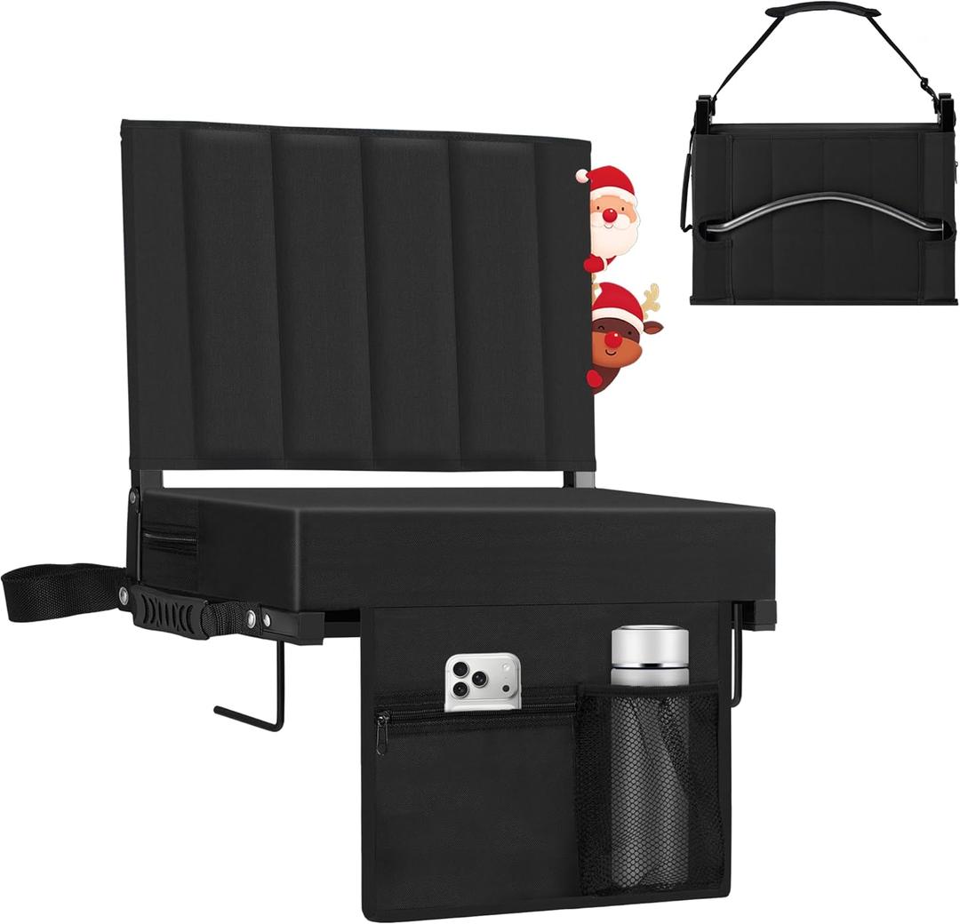 Stadium Seat for Bleachers with Back Support, Portable Bleacher Seat with Wide Comfy Padded Cushion, Metal Hook, Folding Stadium Chair with Shoulder Strap, Carry Handle, Cup Holder (Black)