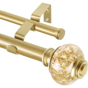 1 Inch Gold Double Curtain Rods 72 to 144 Inches (6 to 12 ft), USFOOK Drapery Rods for Windows, Telescoping Dual Curtain Rod with Luxury Translucent Finials (72-144", Luxury Gold)