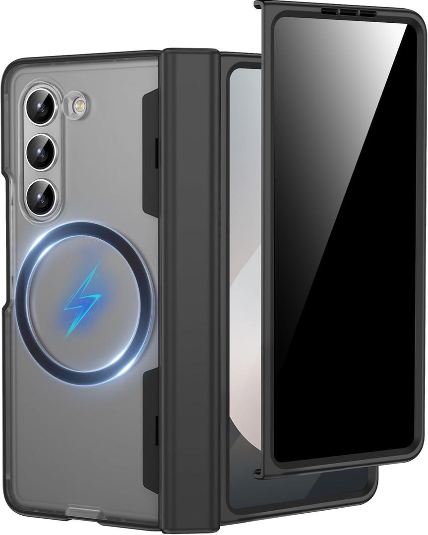 Miimall for Samsung Galaxy Z Fold 6 Case with Screen Protector, [Privacy Screen Protector], [Compatible with Mag-Safe] [Magnetic Hinge Protector] Shockproof Semi-Transparent Case for Z Fold 6, Black