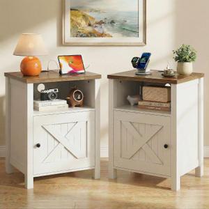Marsail Farmhouse Nightstand Set of 2, Wood Bedside Table with Charging Station, Night Stand with Shelf and Doors, End Table with Storage Side Table for Bedroom, White & Brown, 24.8" H x 17.3" W x 15.7" D