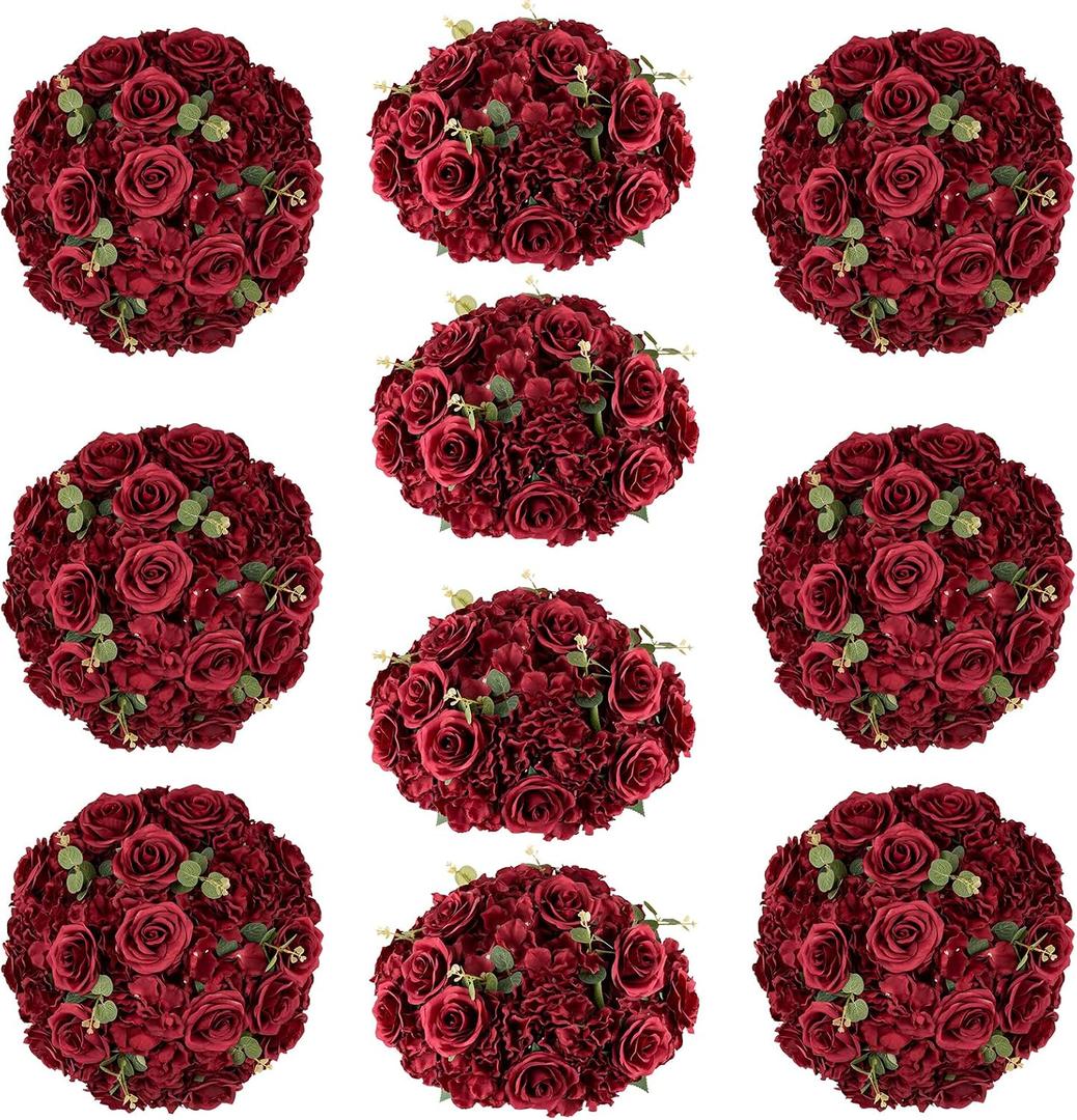 Red Roses Flowers Balls for Centerpieces: 10 PCS 15.7" Diam Flower Centerpieces for Tables in Wedding Reception Decorations Arrangement for Party Celebration Planners