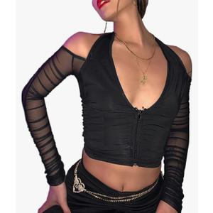 Lancifolium Women’s Halter Long Sleeve Crop Top Y2k Deep V Neck T Shirts Black S