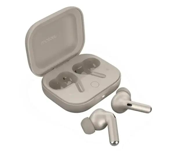 Motorola Mobility Moto Buds+ Sound by Bose (Bluetooth 5.3 Earbuds, Dolby Head Tracking + Dolby Atmos, Active Noise Cancellation, Wireless Charging, Up to 38 Hours), Beach Sand