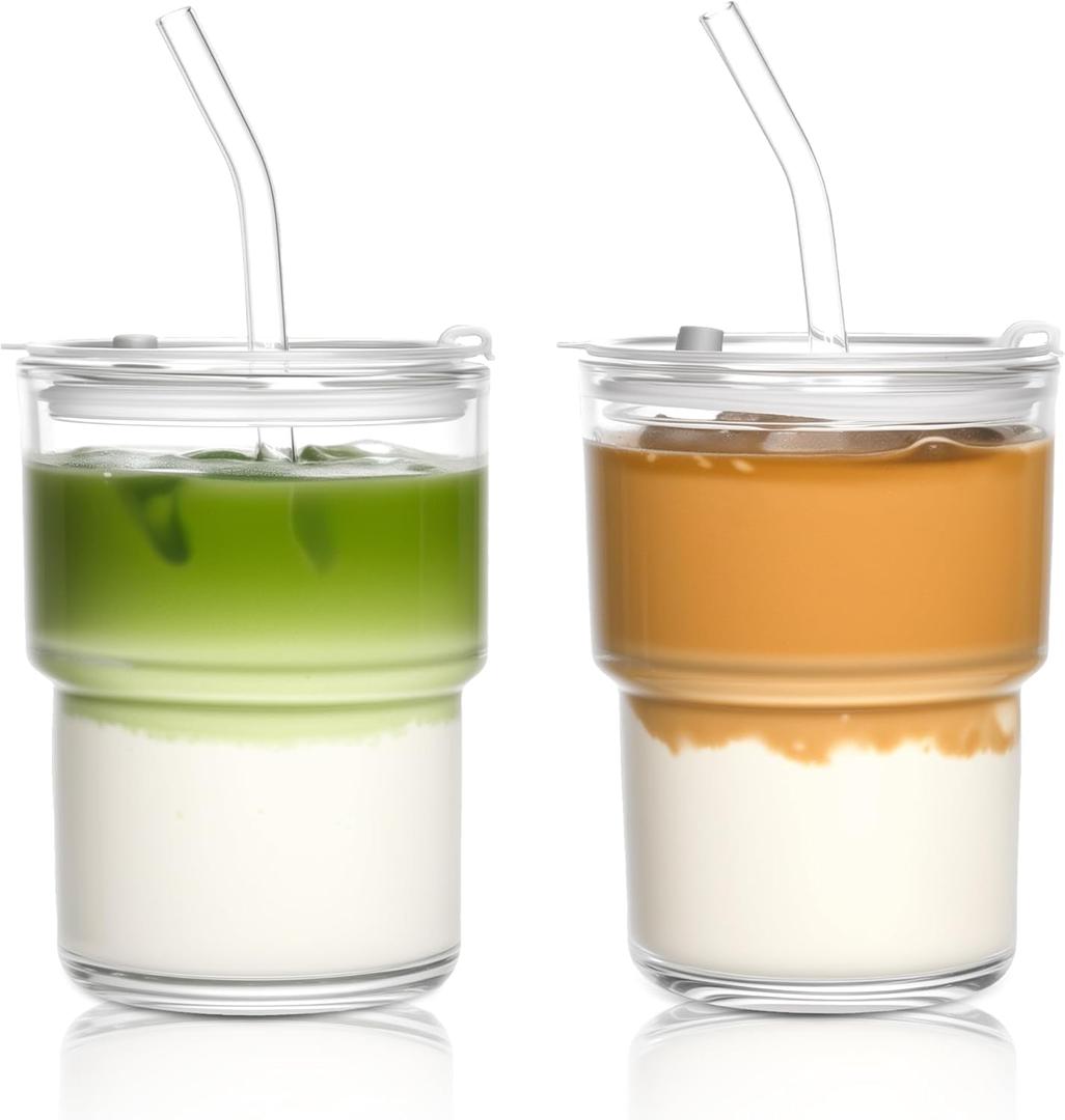 15oz Iced Coffee Cups with Lids Reusable,2Pcs Glass Matcha Cups,Glass Cups with Lids and Straws,Clear Glass Coffee Tumbler for Drinking Water,Tea,Juice