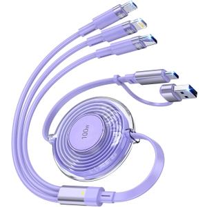 100W 6-in-1 Retractable Multi Charging Cable, USB C/Lightning/Micro Multi Charger Cord for iPhones, iPads, MacBook, Tablets, Galaxy, Note & More - 4Ft/1.2M 5A Fast Charging, Durable & Portable, Purple