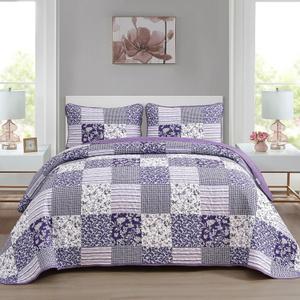 Mybedsoul Purple Quilt Set Twin Size, 2 Pieces Plaid Floral Bedspread Set Patchwork Reversible Bedding Set Microfiber Lightweight Bedspread Coverlet Set for All Season 68"x86"