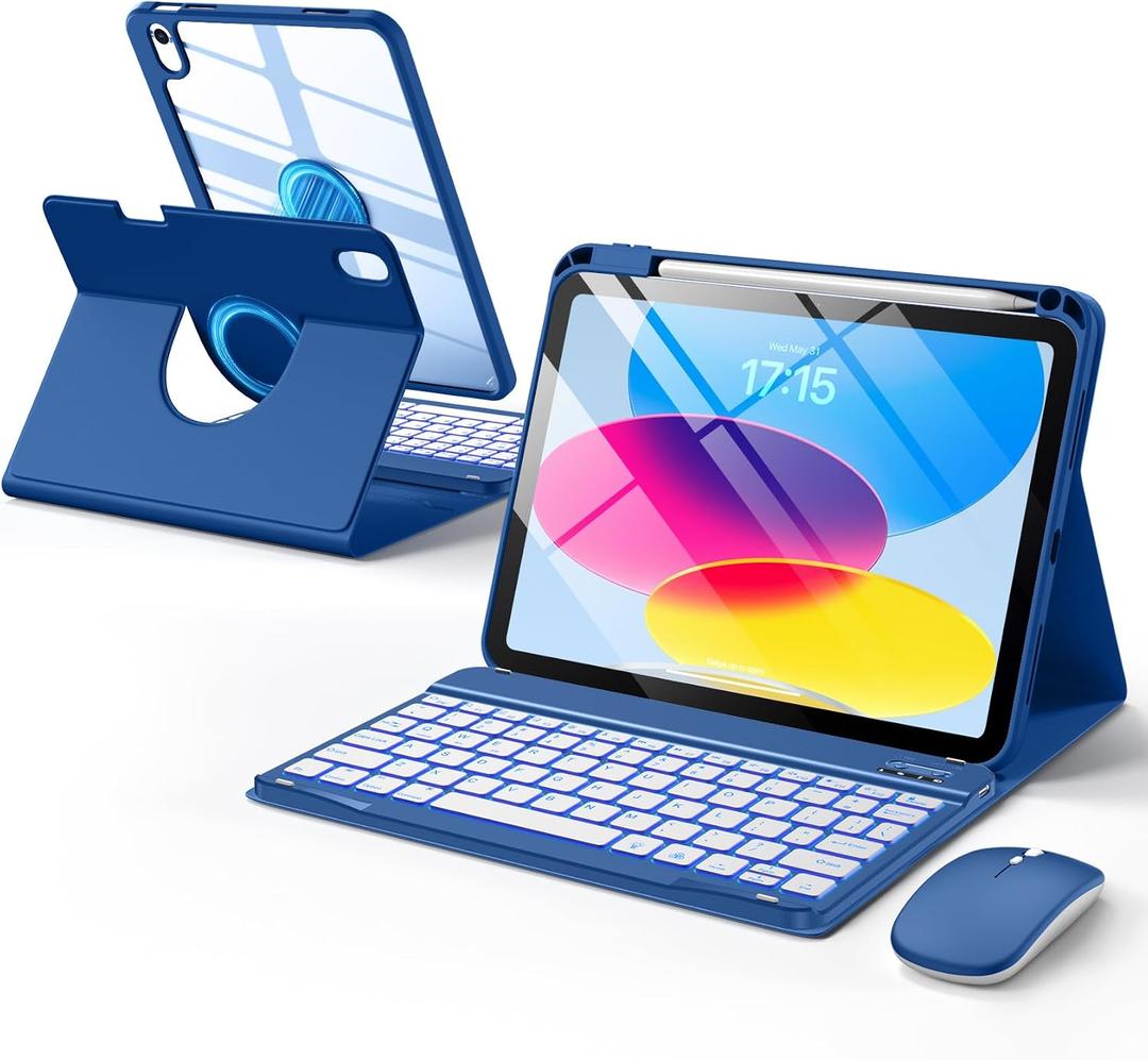 Wenlaty for iPad A16 11th/10th Generation Case with Keyboard & Mouse, 360 Rotating Magnetic Detachable Cover with Pencil Holder, 7-Color Backlit Keyboard and Mouse for iPad 11 inch/10.9", Navy Blue
