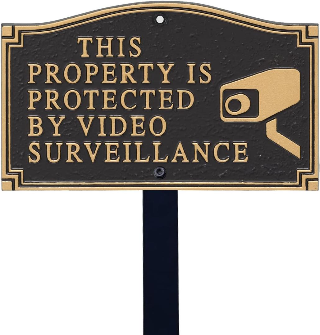 SmartSign 5.75 x 9.5 inch This Property Is Protected By Video Surveillance GardenBoss Statement Plaque with 18 inch Lawn Stake, 375 mil Rustproof Aluminum, Black and Gold, Set of 1, Made in USA