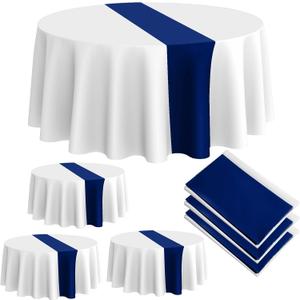 Oudain Round Plastic Table Cloth 84 Inch Disposable Table Cover Stain and Wrinkle Resistant Waterproof Tablecloths for Holiday Graduation Baby Shower Wedding Party Decoration(White, Navy Blue,3 Pcs)