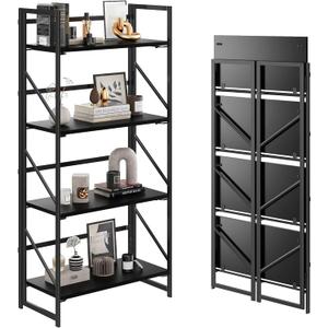 JSB No Assembly Folding Bookshelf, 4 Tier Industrial Metal Book Shelf for Storage, Vintage Wood Foldable Bookcase for Living Room, Bedroom, Office Organization Shelves, Flat Tube 4-Tier