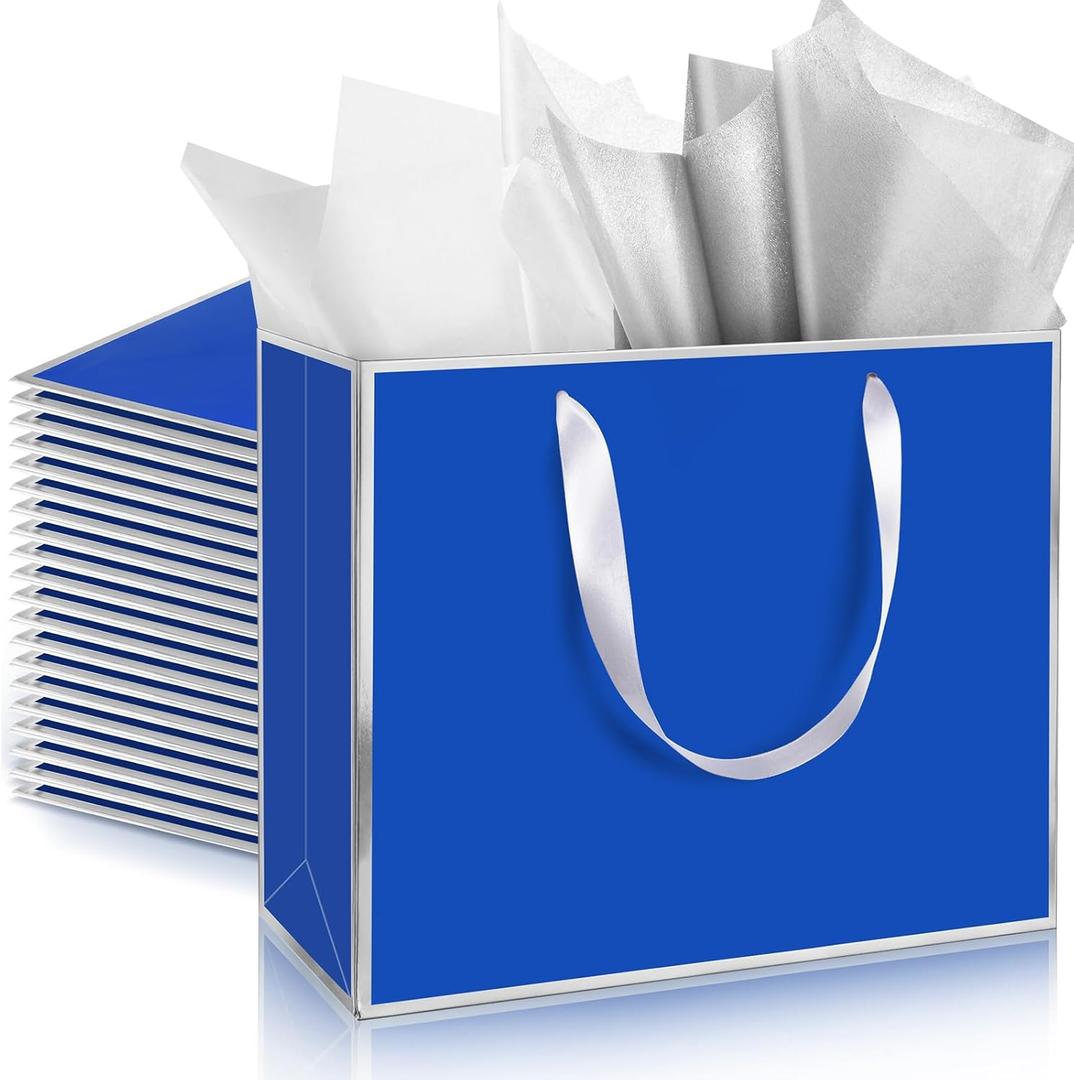 ReliThick 12 Pack Metallic Paper Gift Bag with Handles and Tissue Paper 11.8 x 10 x 4'' Thank You Favor Bag for Graduation Mother's Day Wedding Bridesmaid Groomsman 5 Senses Gifts (Royal Blue, Silver)