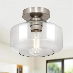 Industrial Semi Flush Mount Ceiling Light: Brush Nickel Kitchen Lighting Fixtures Ceiling with Clear Glass - Vintage Hallway Light Fixtures E26 Bulb Included - 8.46 Light Fixtures Ceiling Mount