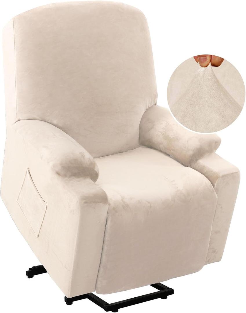 H.VERSAILTEX Rich Velvet Stretch Recliner Slipcovers 1 Piece Electric Power Lift Recliner Chair Cover Fitted Standard Large Power Lift Recliner with Side Pocket, Soft and Thick (Single Seat, Ivory) 