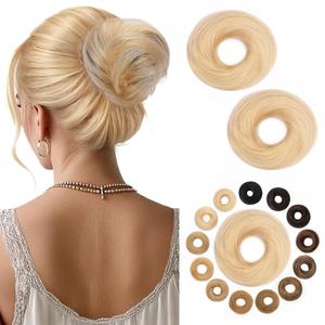 Hairro Human Hair Messy Bun, 100% Real Ponytail Hair Scrunchies, Natural Curly Chignon Fluffy Donut Updo, Hairpiece with Elastic Rubber Band for Women, 2 Count Bleach Blonde Straight