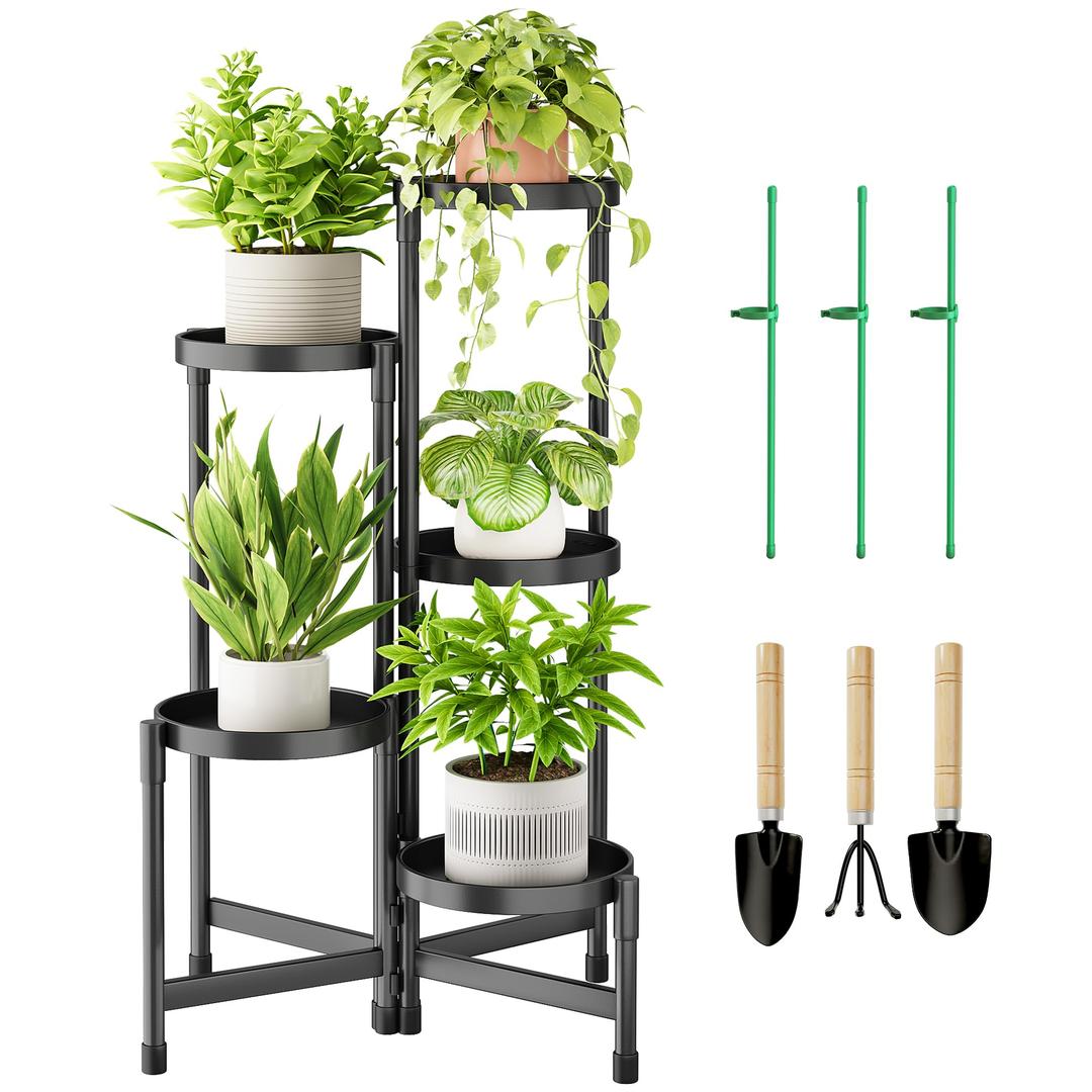Cawukege 5 Tier Plant Stand Indoor, Tiered Plant Stand Outdoor for Multiple Plants, Corner Plant Shelf for Patio Balcony Porch Garden Living Room House, Black