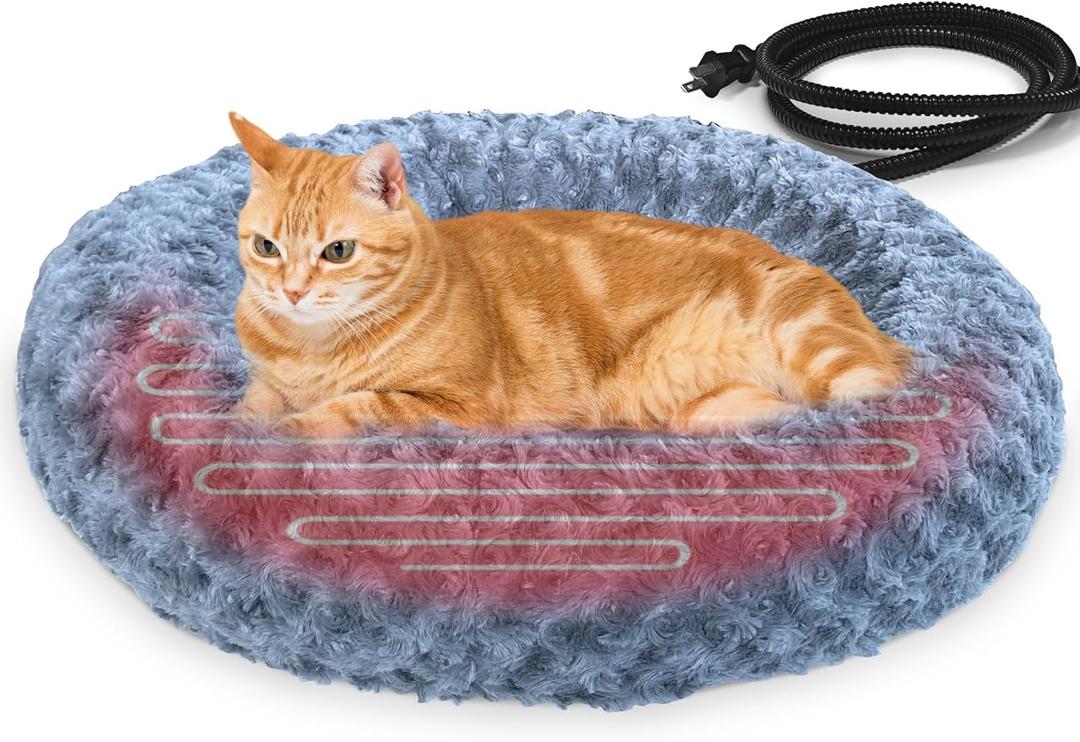 Heated Cat Beds for Indoor Cats Warming Cat Beds Super Soft Machine Washable Thermo Kitty Electric Heating Bed 19 Inches Round (Light-Grey)