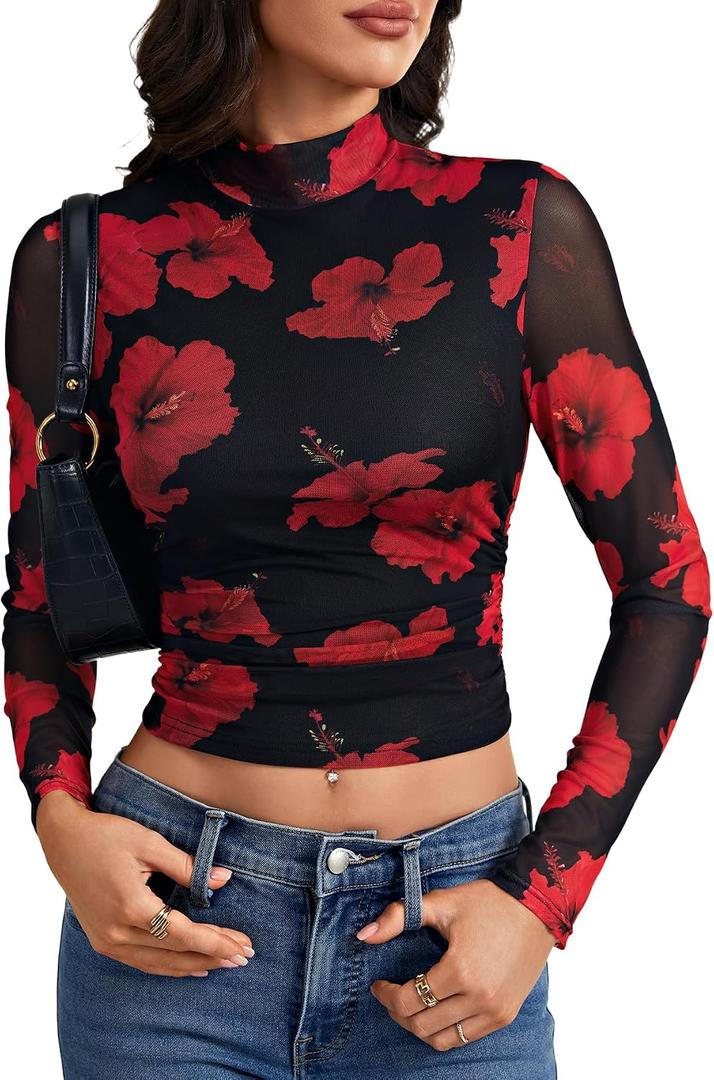 LYANER Women's Floral Mesh Long Sleeve Sheer Mock Neck Slim Fit Going Out Tee Crop Tops (Black, XL)