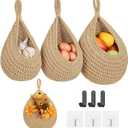 Boho Wall Hanging Fruit Baskets for Kitchen 3 Pack Woven Produce Holder with 6 Pcs Strong Hooks Vegetable Hanging Basket for Organizing Teardrop Home Wall Potato Onion Storage, Linen