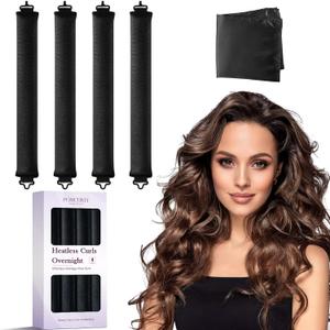 Heatless Curls Overnight Hair Curlers - 4 Pcs No-Heat Curling Rod to Sleep In,Velvet Hair Rollers with Satin Wrap (Black)
