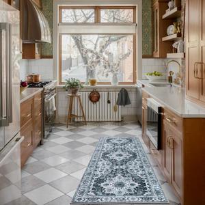 WILLSUN Washable Area Rugs, 2x6 Non-Slip Boho Area Rugs for Kitchen, Living Room, Bedroom, Machine Washable Vintage Rug, Indoor Floral Print Carpet for Home Decor, Kid & Pet Friendly Mat (Grey)