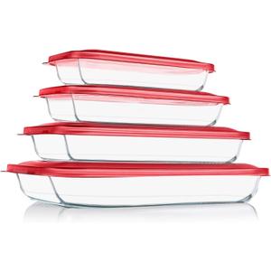 KOMUEE 8 Pieces Glass Baking Dish with Lids Rectangular Glass Baking Pan Bakeware Set with BPA Free Lids, Baking Pans for Lasagna, Leftovers, Cooking, Kitchen, Fridge-to-Oven, Red