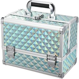 Joligrace Makeup Box 11.6-Inch Cosmetic Train Case for Women Travel Jewelry Organizer with Compartments & Mirror Portable Lockable Make-up Trunk Turquoise (New Turquoise)
