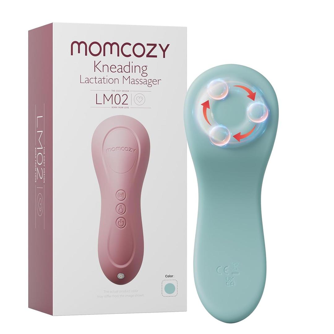 Momcozy Rolling Lactation Massager with Heat, 3-in-1 Real-Like Massage for Relieve Clogged Ducts, Breast Massager Warming for Breastfeeding, Improve Milk Flow, Blue-Green