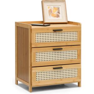 MoNiBloom Small Boho Nightstand Mini Bedside End Table Bamboo Small Dresser with 3 Drawer for Living Room Bedroom Small Space