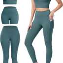 3 Piece Workout Sets for Women High Waisted Leggings with Pockets Tummy Control Biker Shorts Yoga Sports Bra (Large, Bean Green)