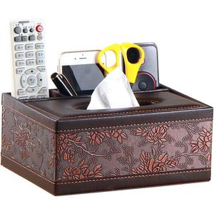 Teapoy Remote Controller Organizer & Tissue Box, PU Leather Multifunctional Desk Table Pen / Pencil / Phone Storage Container for Home Office (Style 3)
