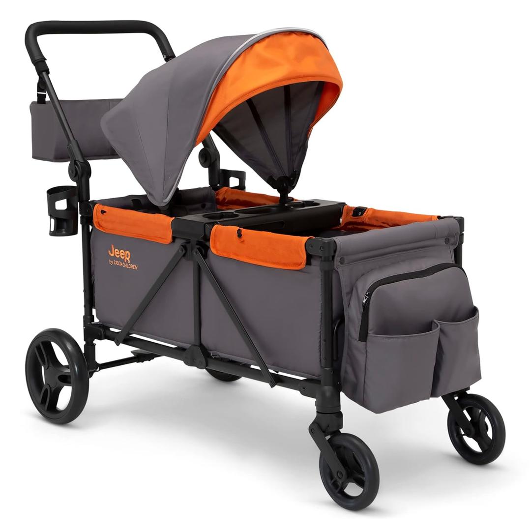 Jeep Sport All-Terrain Stroller Wagon by Delta Children - Includes Canopy, Parent Organizer, Adjustable Handlebar, Snack Tray & Cup Holders, Grey/Bonfire Jeep Sport All-Terrain Stroller Wagon by Delta Children - Includes Canopy, Parent Organizer, Adjustable Handlebar, Snack Tray & Cup Holders, Grey/Bonfire