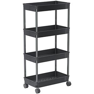 Sooyee 4 Tier Wide Storage Cart Mobile Shelving Unit Organizer Slide Out Storage Rolling Utility Cart Tower Rack for Kitchen Bathroom Laundry, Plastic & Stainless Steel,Black