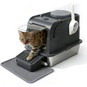 Stainless Steel Cat Litter Box with Lid,Enclosed or Open Design,Front Entry Top Exit,Extra Large Litter Box,with Flip top,Odor Control Easy Cleaning,Includes Mat, Scoop & Step,Grey