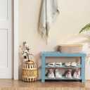 Apicizon Bamboo Shoe Rack for Entryway, 3-Tier Shoe Rack Bench for Front Indoor Entrance, Small Shoe Organizer with Storage, Blue, 27.6 Inches No Cushion