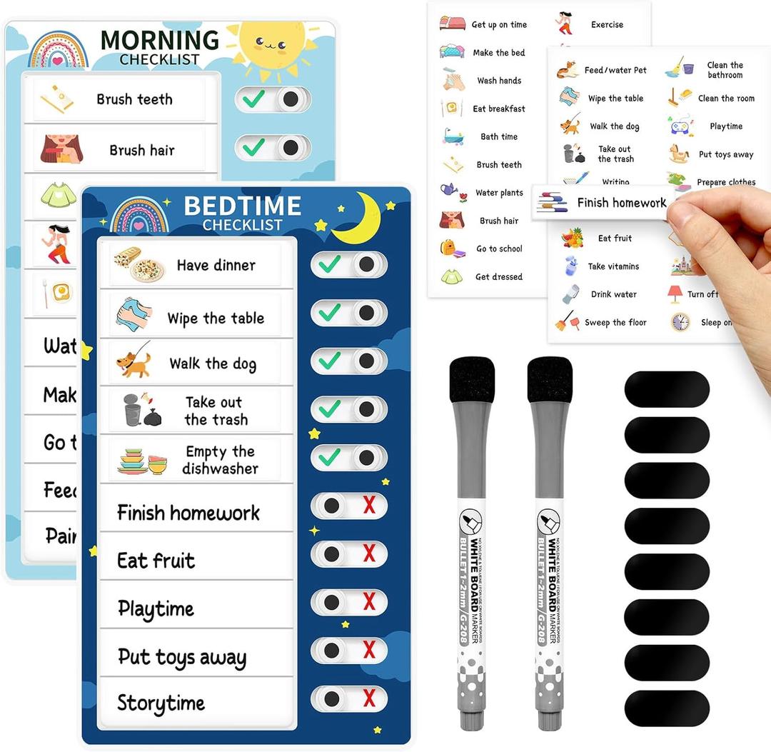 Chore Chart for Kids: Dry Erase Visual Schedule, Magnetic Bedtime/Morning Routine Chart - Toddler Chore Board, Checklist, To Do List for Kids (1 morning checklist, 1 bedtime checklist)