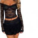 2 Pieces Mini Skirt Set for Women Elegant Lace Crop Top Bodycon Skirts Sheer Mesh Y2K Matching Sets (Medium, A Elegant Off Shoulder Black)