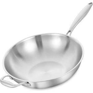 LOLYKITCH 14.5 Inch Stir-Frying Wok Pan, Tri-Ply Stainless Steel Induction Cooking Wok Pan,Dishwasher and Oven Safe,Heavy Duty and Detachable Handle.