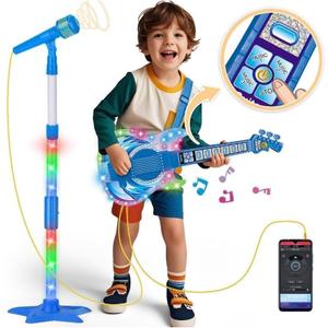 Kids Guitar and Microphone Set, Toy Guitar with Adjustable Volume and Strap, Microphone with Stand and Color Light, Toddler Musical Instrument for 3-5 5-9, Kids Karaoke Machine for Boy Girls(Blue)