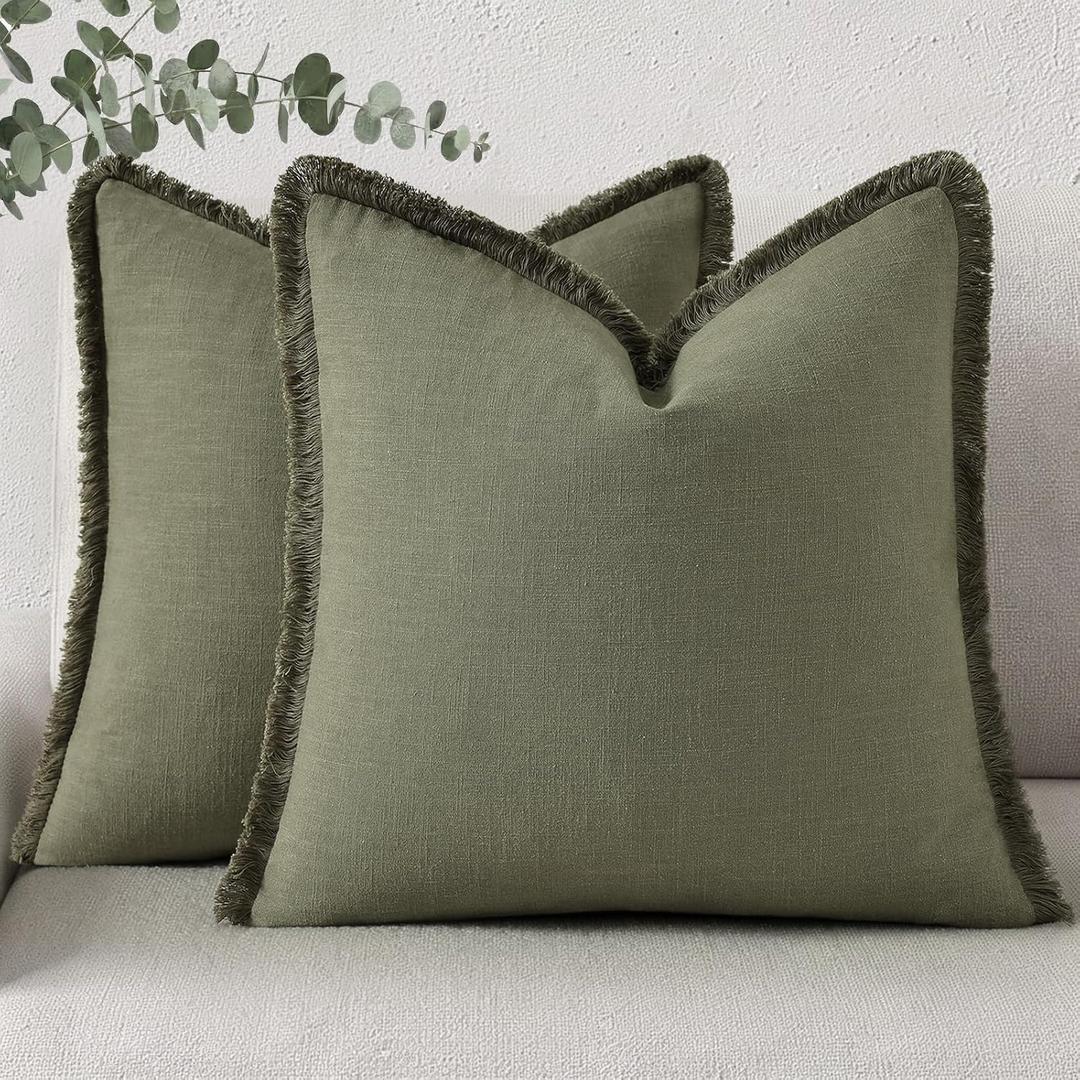 decorUhome Summer Decorative Neutral Linen Fringe Euro Sham Throw Pillow Covers Set of 2 Olive Green Pillow Covers with Tassels Soft Farmhouse Boho Accent Pillow Cases for Couch Bed Sofa 22x22 Inch