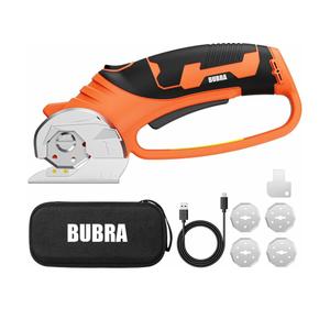 BUBRA Cordless Electric Scissors, 4V Cardboard Cutter with 4 Blades, Rechargeable Box Cutter up to 1/3", with Storage Bag, Safety Lock & LED Light, Electric Scissors for Cardboard, Fabric & Carpet