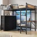Twin Loft Bed with Desk and 8 Storage Drawers, Metal Loft Bed Twin Size with LED Lights & Charging Station, Bed Frame with Hanging Rod, Safety Guardrail & Ladder, for Kids & Teens (Rustic Brown), 77.4"L x 41.7"W x 67.7"H