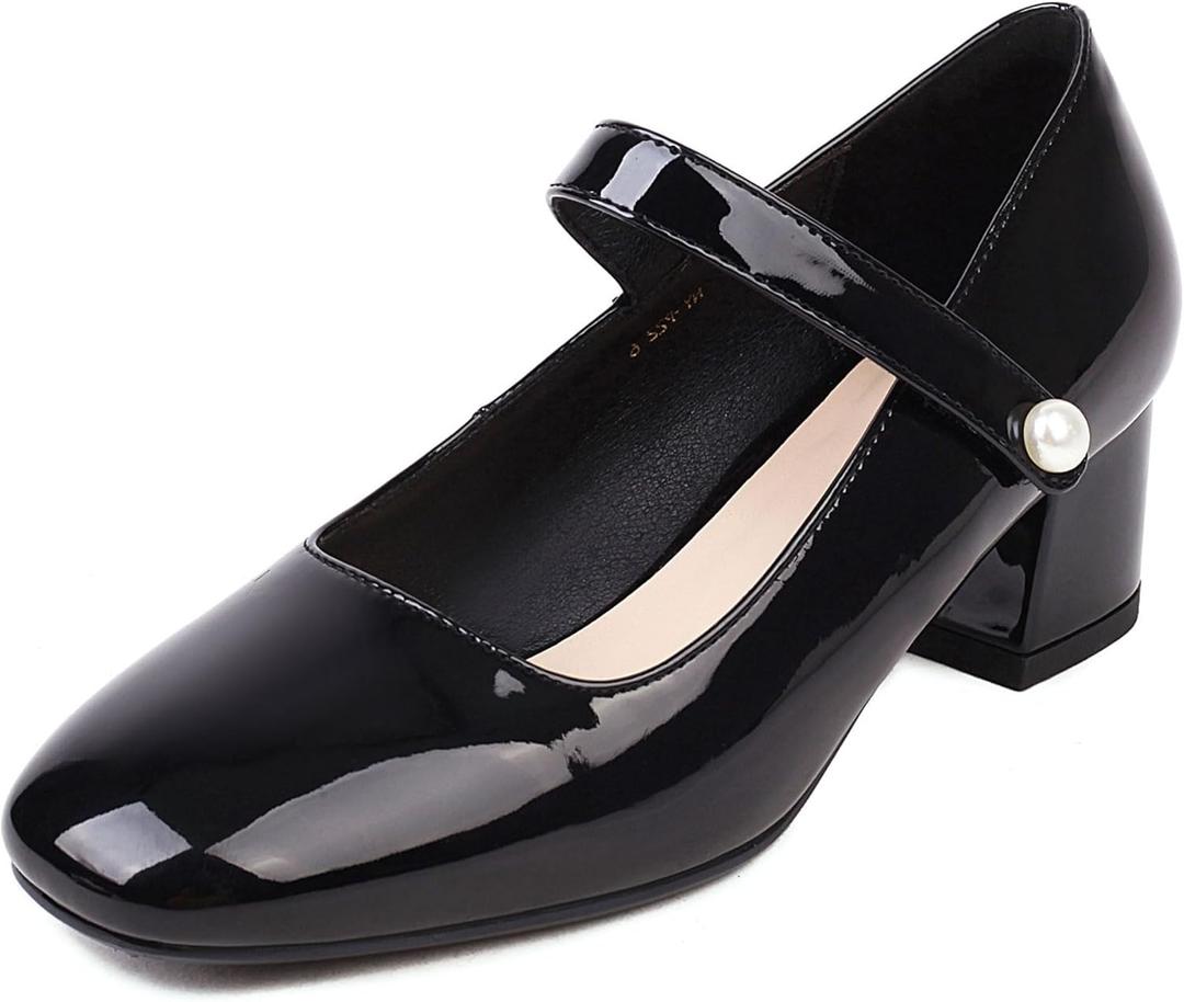Naiyee Mary Jane Shoes Women Chunky Heel Ankle Strap Dress Shoes for Women Low Heels Close Rounded Toe Pumps (8, Black Patent)