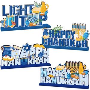 4Pcs Hanukkah Decorations Hanukkah Wooden Table Centerpieces Menorah Dreidel Star of David Signs for Winter Hanukkah Decor Party Hanukkah Jewsih Hanukkah Decorations for Home