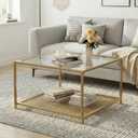 Gold Glass Coffee Table, Square Coffee Tables with Storage Shelf, Simple Tea Cocktail Modern Center Tables for Small Space, Living Room, Easy Assembly, 26 * 26inGold, 2-Tier