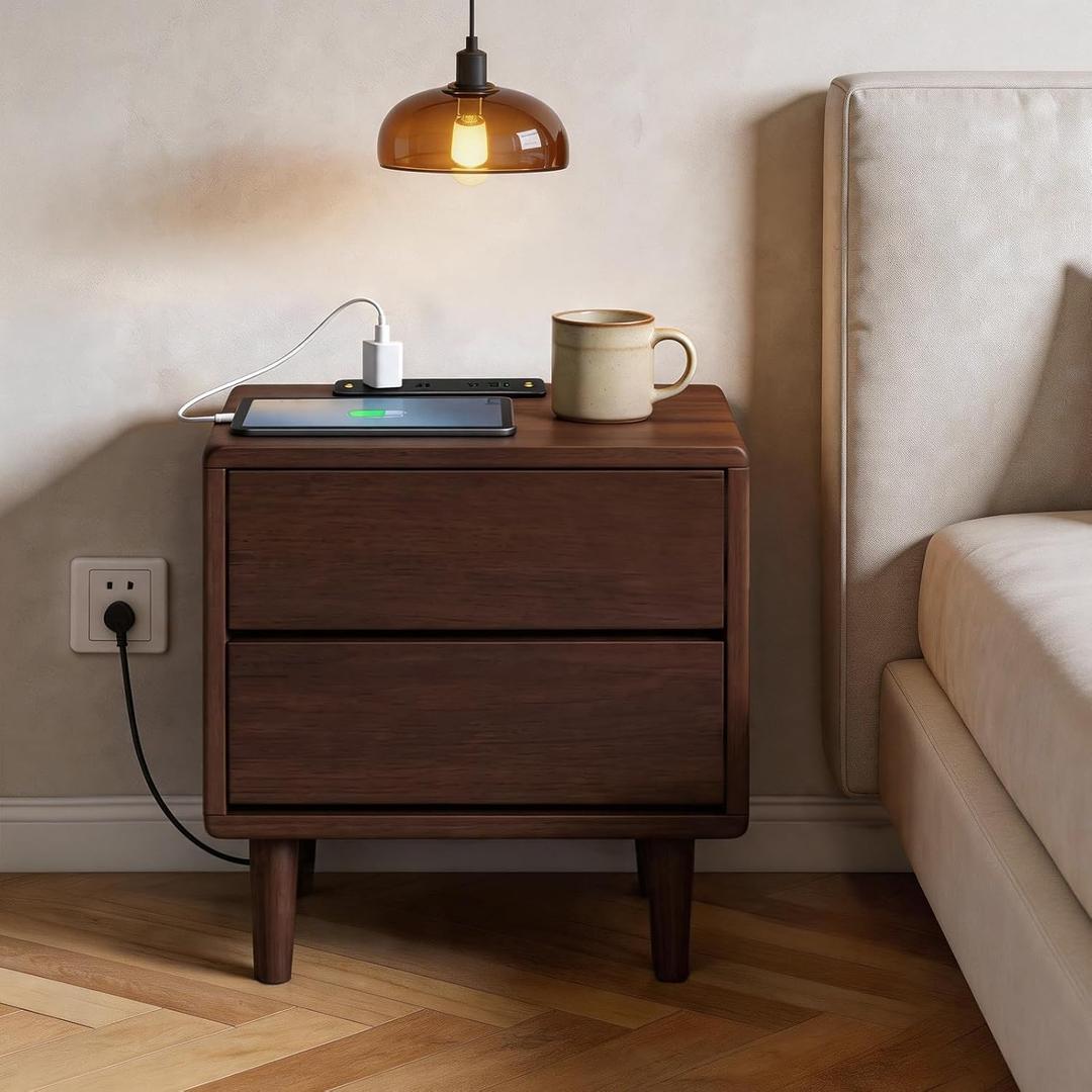 Solid Wood Nightstand with Charging Station,USB-C Port, 15.7 inch Wide End Table with 2 Drawers, Modern Wood Bedside Table for Bedroom(Walnut)