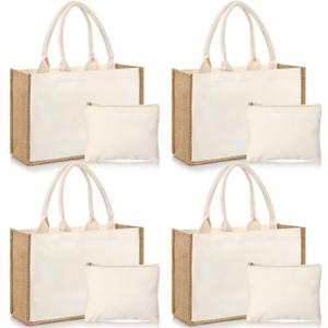 Sweetude Burlap Tote Bags with Canvas Makeup Pouch, Simple, Beige