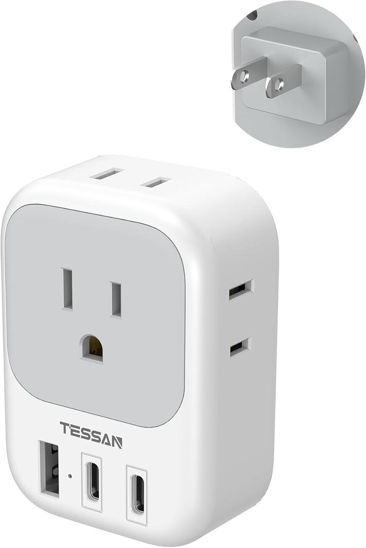 TESSAN 2 Prong to 3 Prong Outlet Adapter US to Japan Plug Adapter with 4 Outlets 3 USB (2 USB-C), Outlet Converter US to Japan China Mexico Philippines Canada Peru Thailand Vietnam (Gray-Type A)