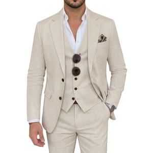 Men's Suit 3 Piece Linen Suits Slim Fit Suit Blazer Vest Pants Set Wedding Prom Tuxedos Business Casual Suit (Beige, XL)